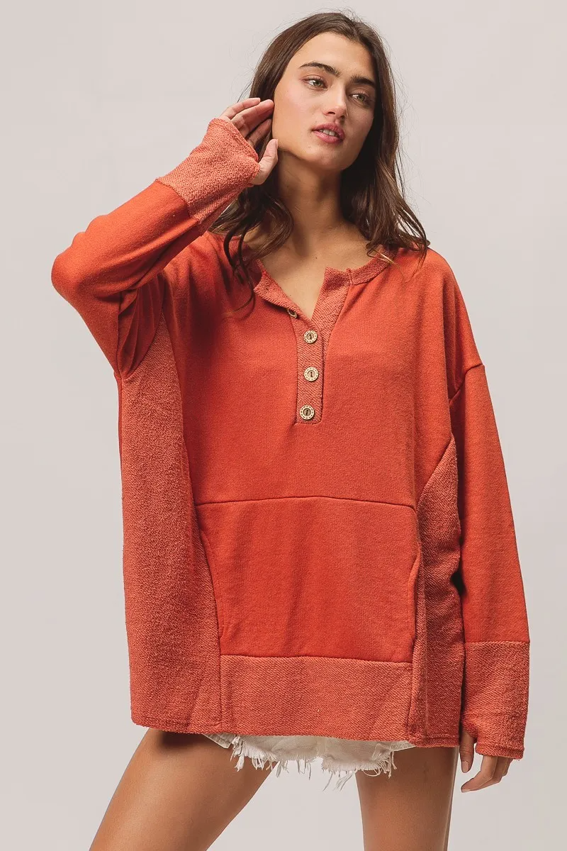 Terry Knit Side Block Buttoned Henley Top