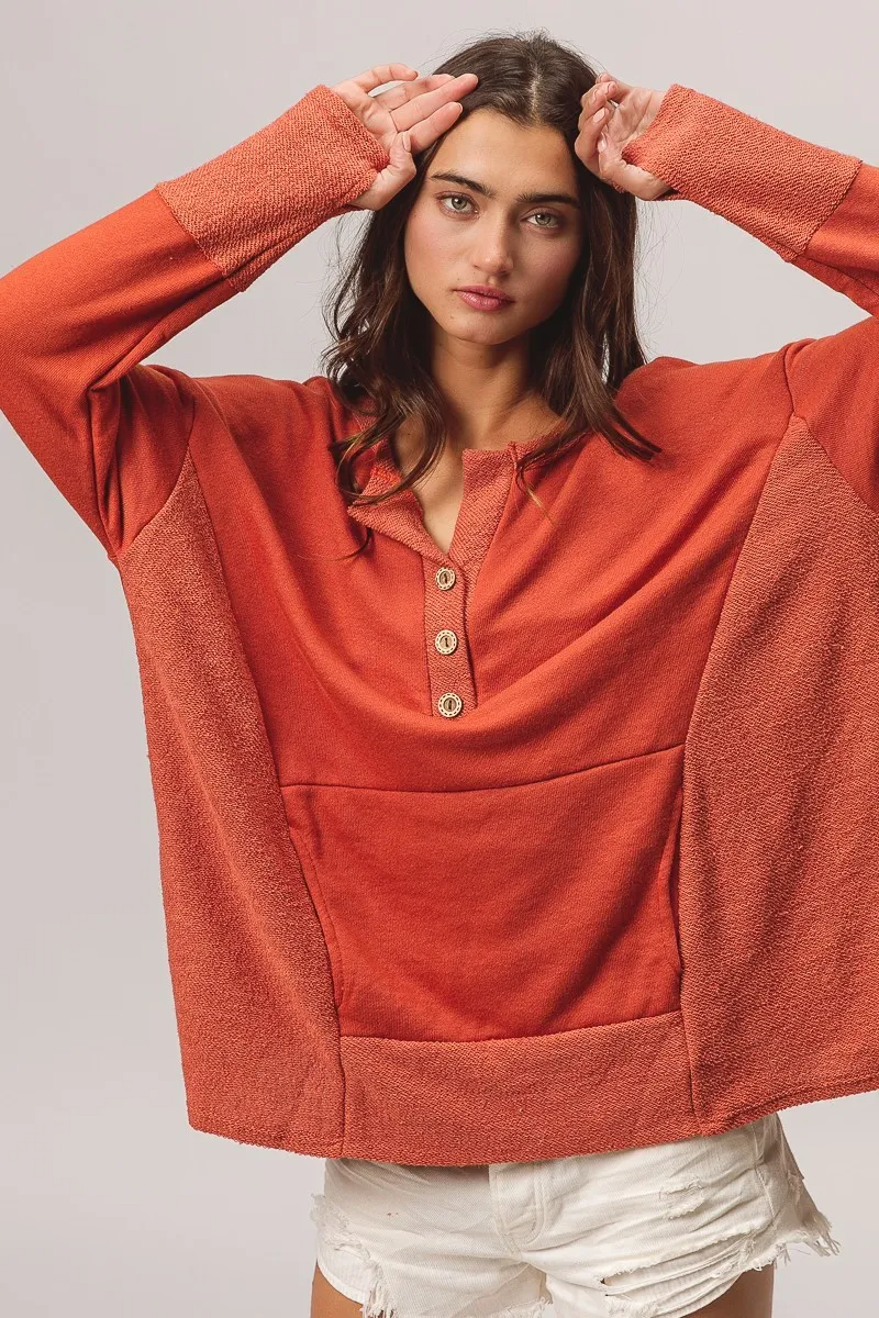 Terry Knit Side Block Buttoned Henley Top