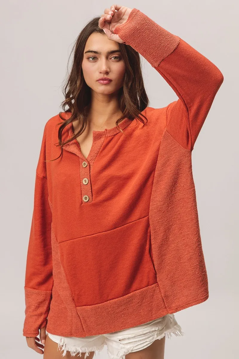 Terry Knit Side Block Buttoned Henley Top