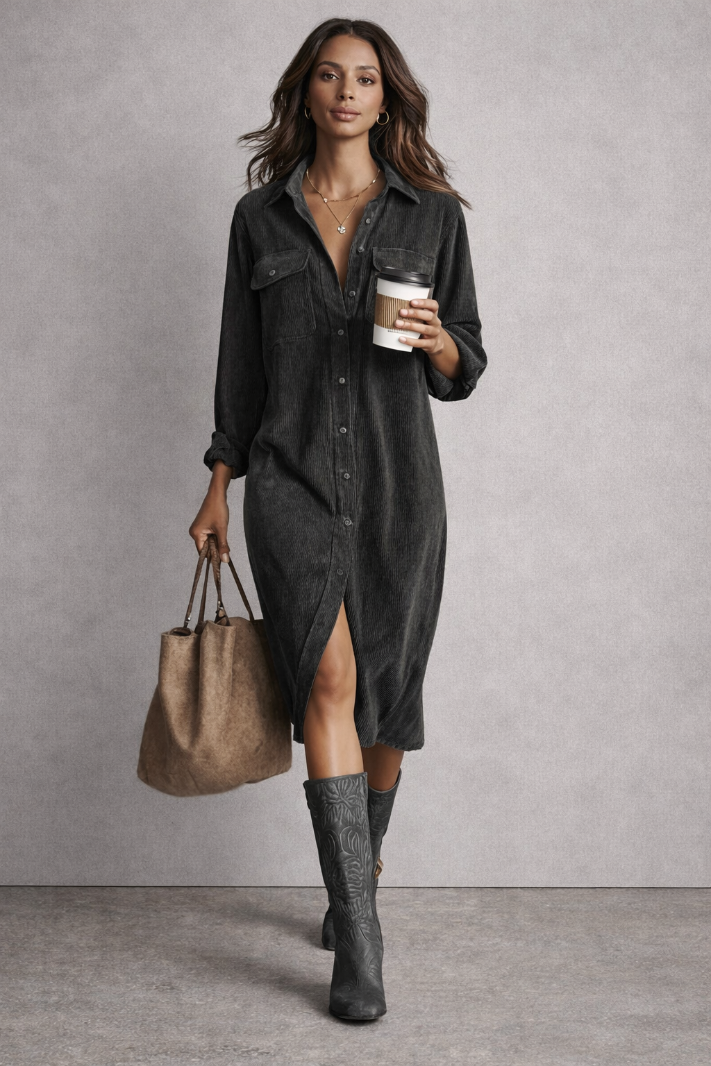 Velmora | Corduroy Double Chest Pocket Single Breasted Midi Dress