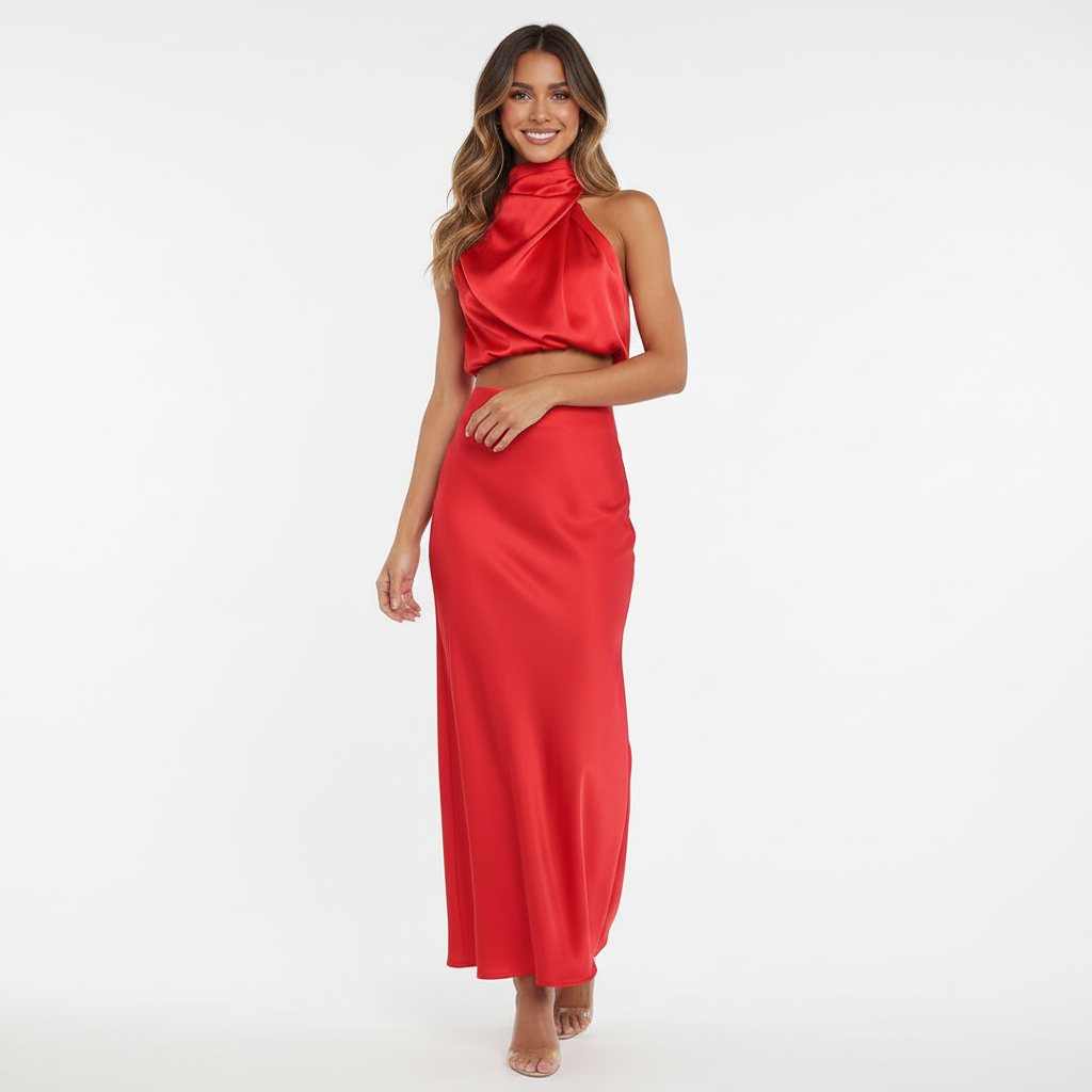 Ezi Satin Maxi Skirt Set - High Neck Drape