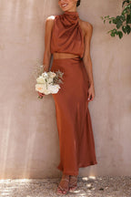 Ezi Satin Maxi Skirt Set - High Neck Drape