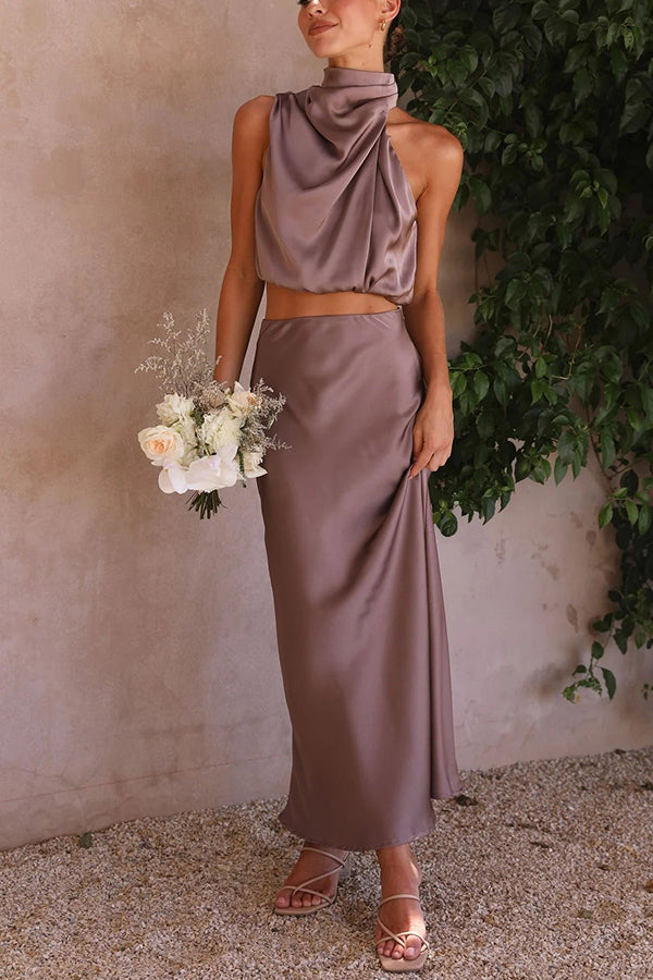 Ezi Satin Maxi Skirt Set - High Neck Drape