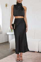 Ezi Satin Maxi Skirt Set - High Neck Drape