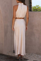 Ezi Satin Maxi Skirt Set - High Neck Drape