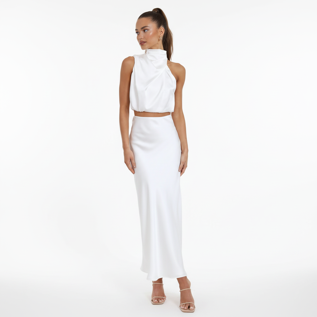 Ezi Satin Maxi Skirt Set - High Neck Drape