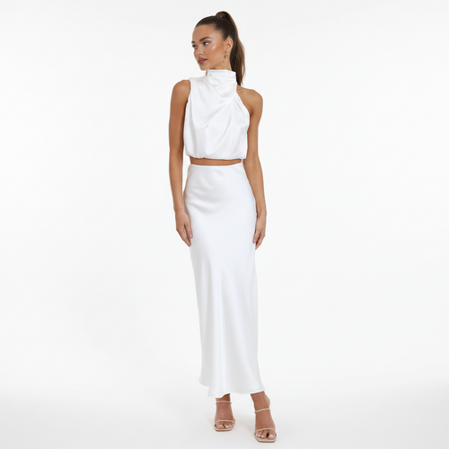 Ezi Satin Maxi Skirt Set - High Neck Drape