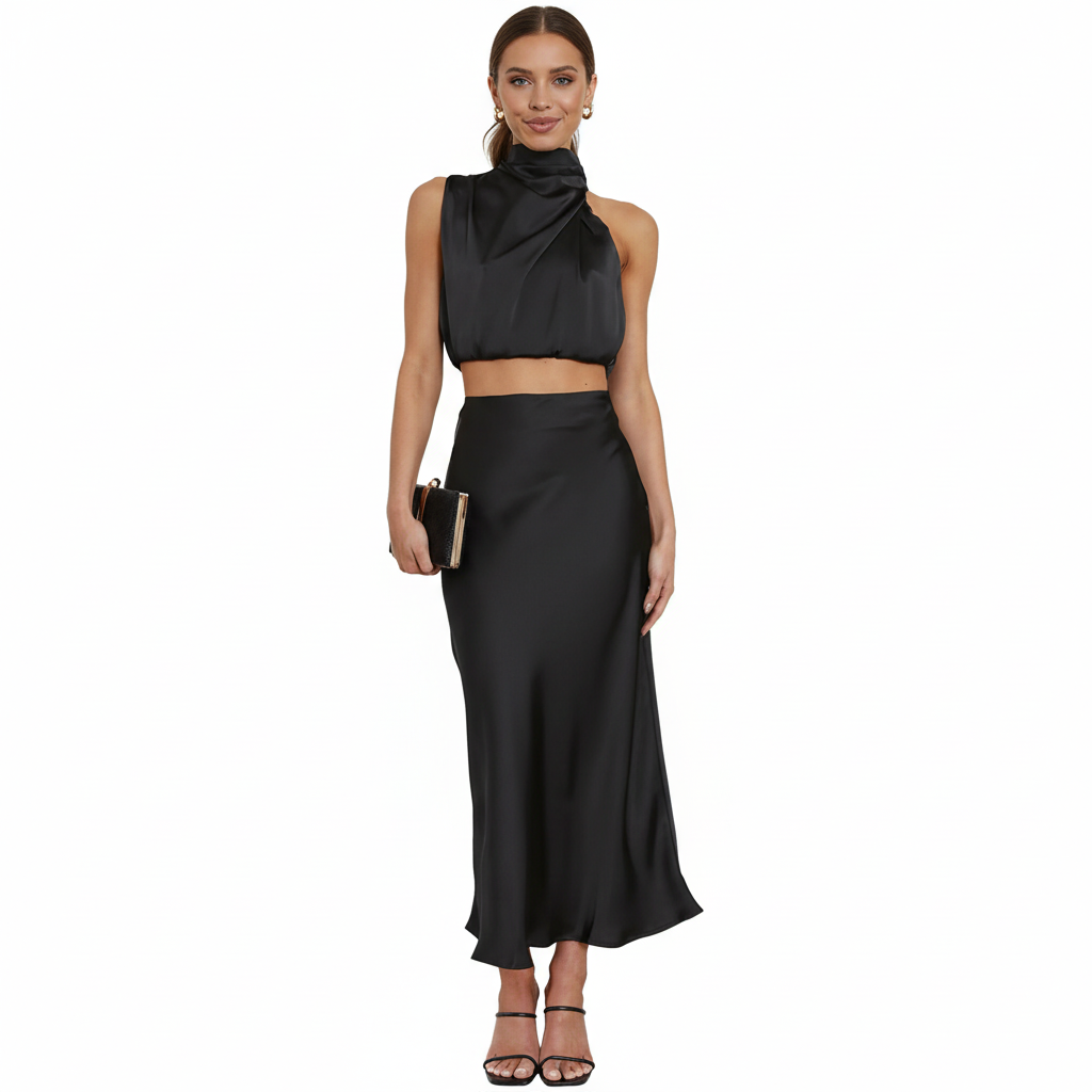 Ezi Satin Maxi Skirt Set - High Neck Drape