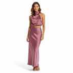 Ezi Satin Maxi Skirt Set - High Neck Drape