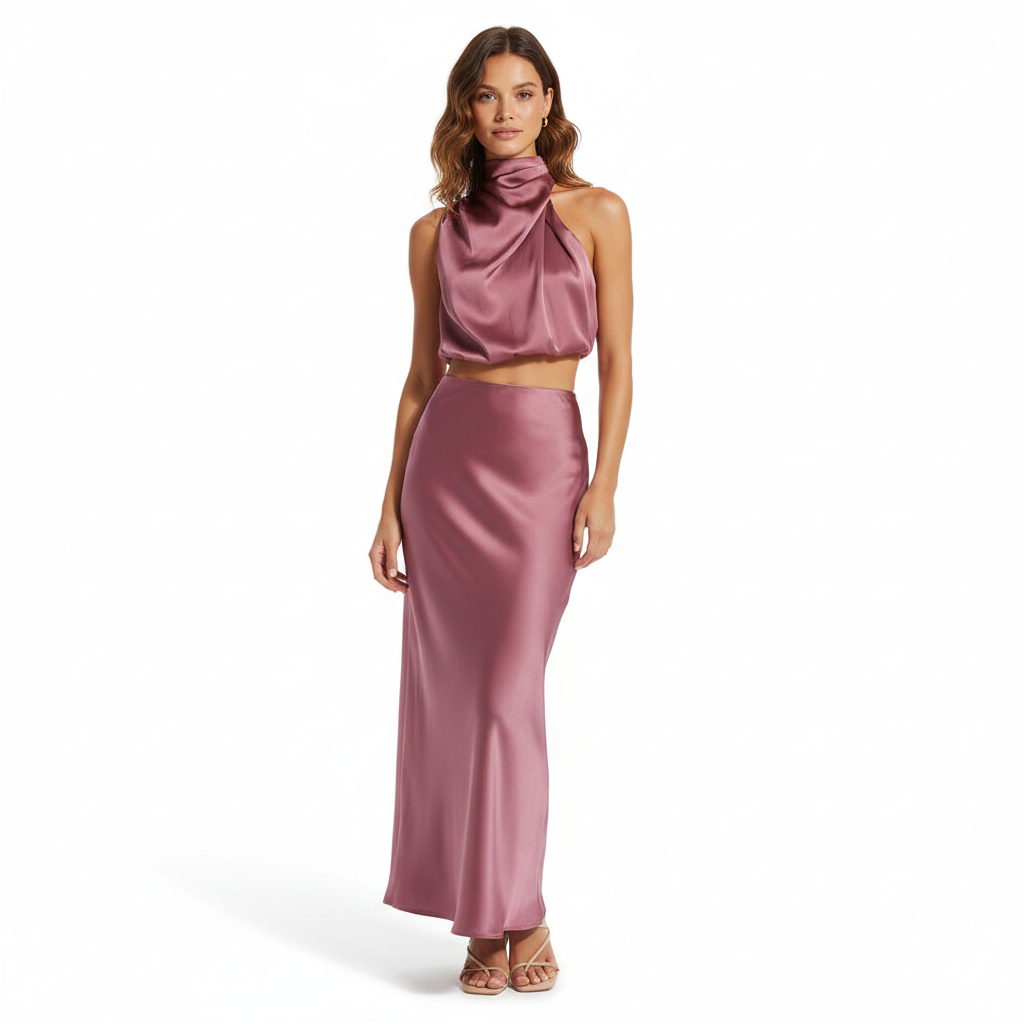 Ezi Satin Maxi Skirt Set - High Neck Drape