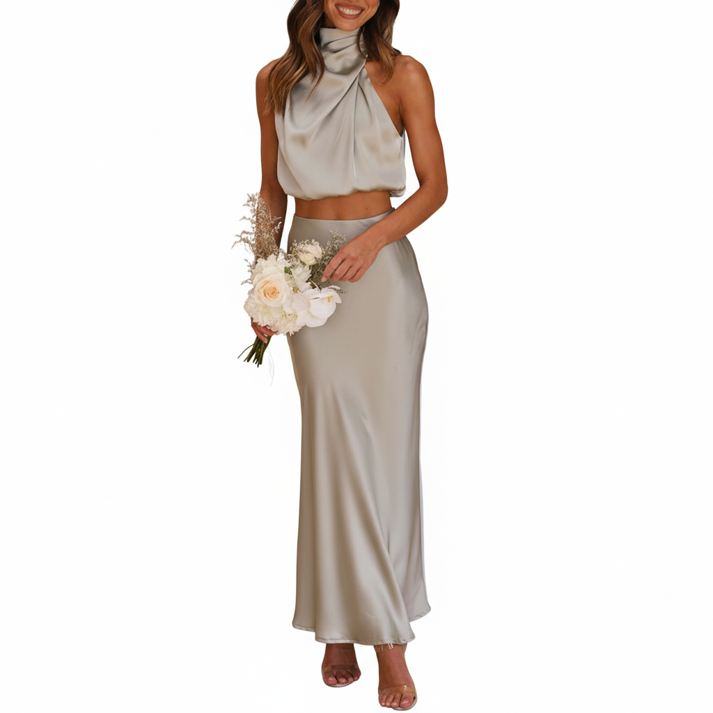 Ezi Satin Maxi Skirt Set - High Neck Drape