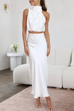 Ezi Satin Maxi Skirt Set - High Neck Drape