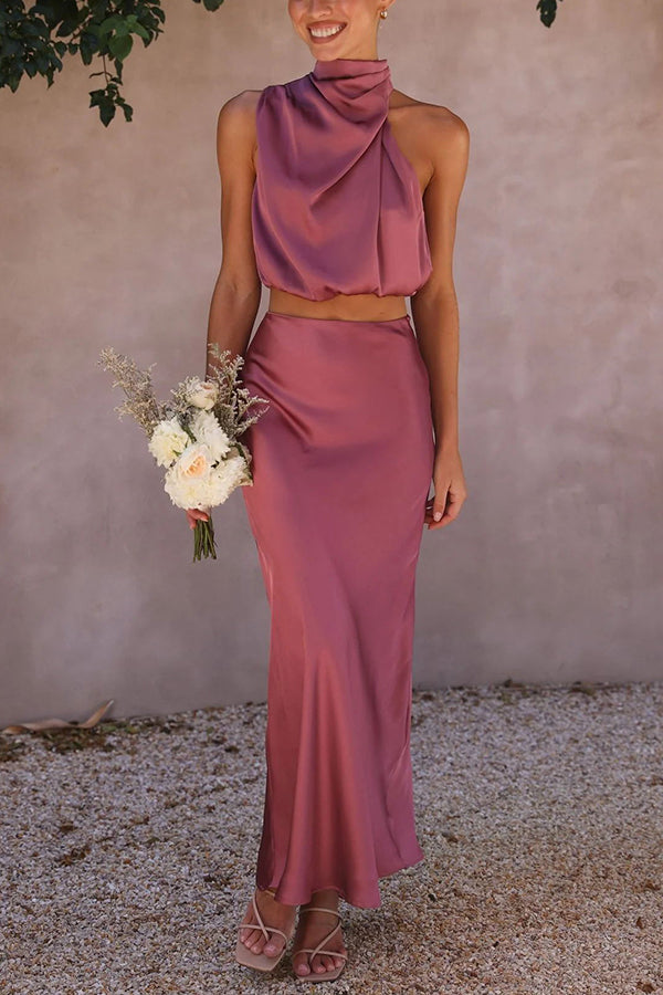Ezi Satin Maxi Skirt Set - High Neck Drape