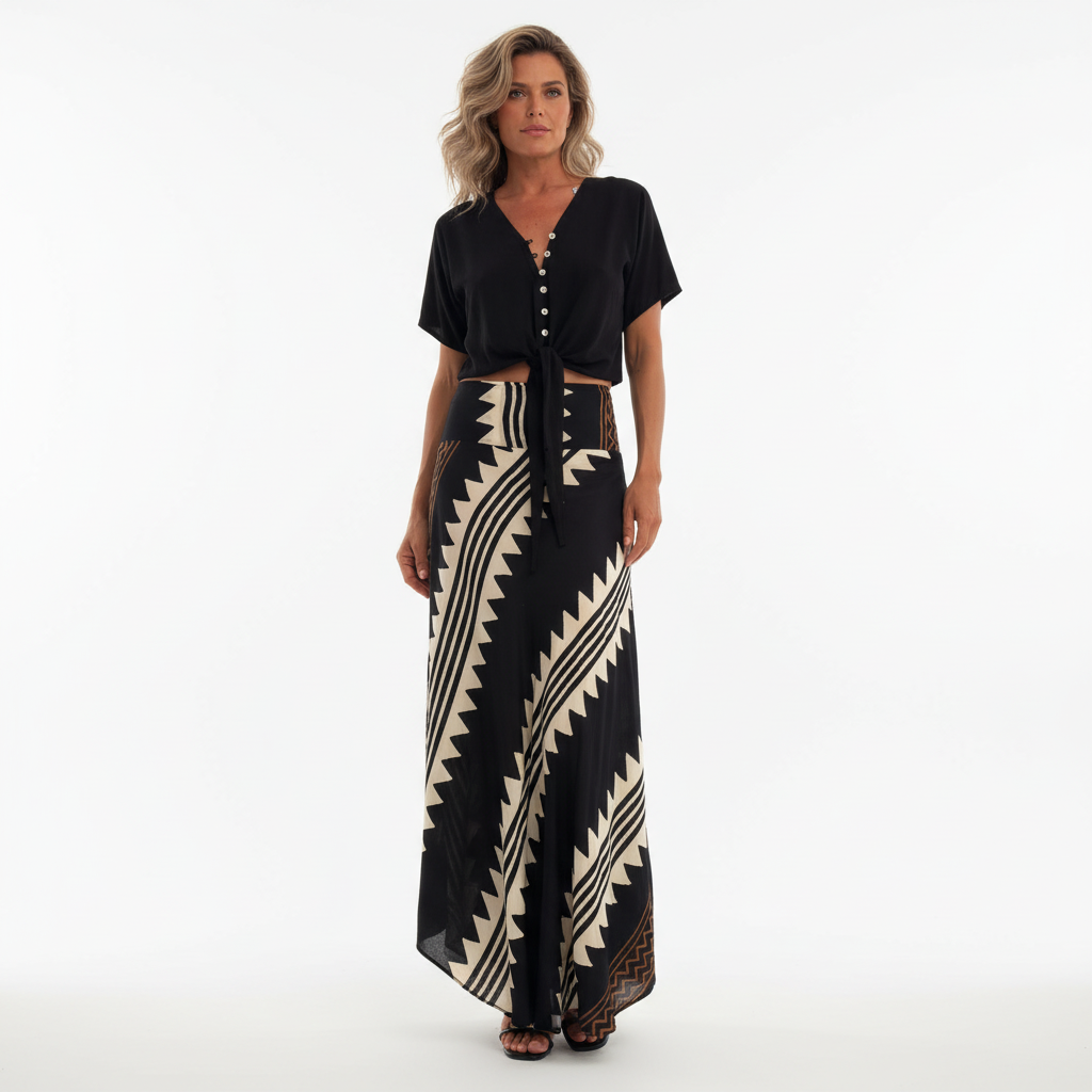 Lia Satin Maxi Skirt - Geometric Print