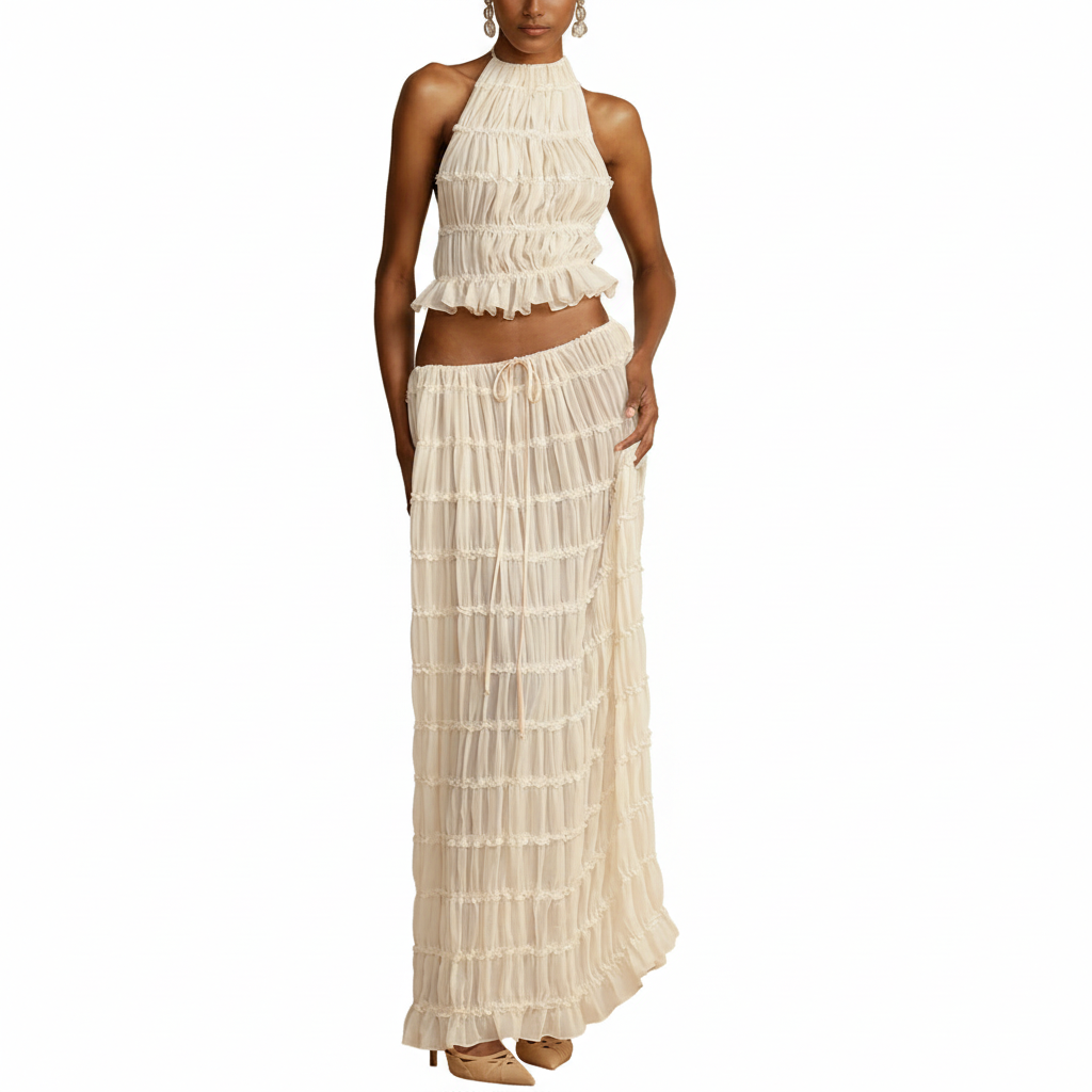 Tes Halter Tank - Pleated Back & Lace
