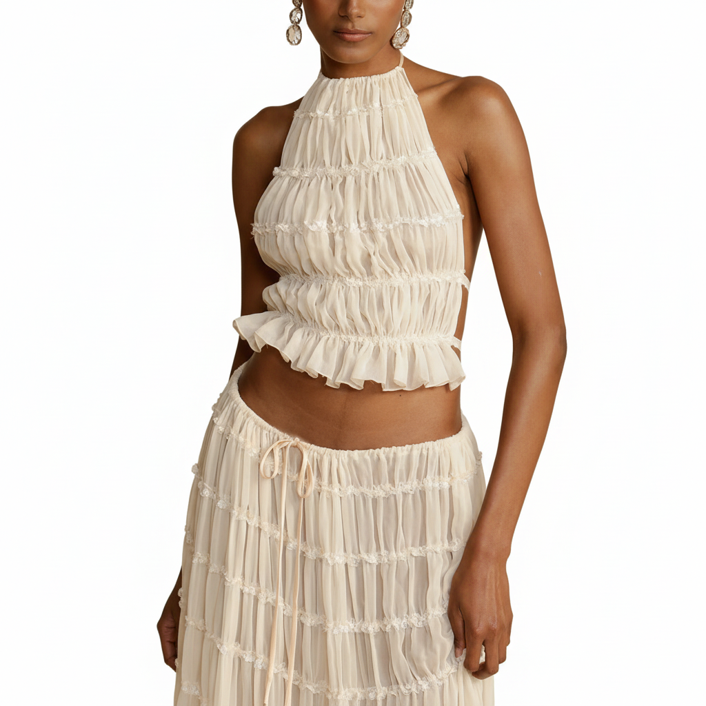 Tes Halter Tank - Pleated Back & Lace
