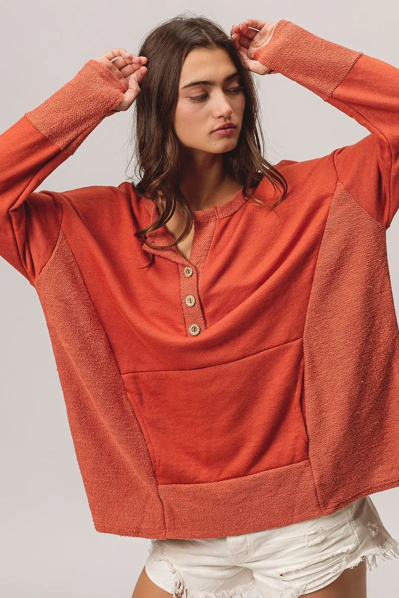 Terry Knit Side Block Buttoned Henley Top