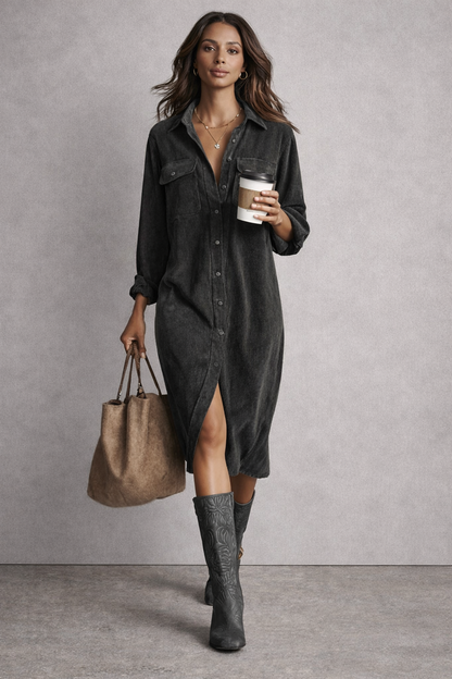 Velmora | Corduroy Double Chest Pocket Single Breasted Midi Dress