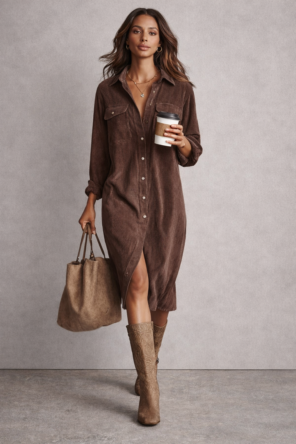 Velmora | Corduroy Double Chest Pocket Single Breasted Midi Dress