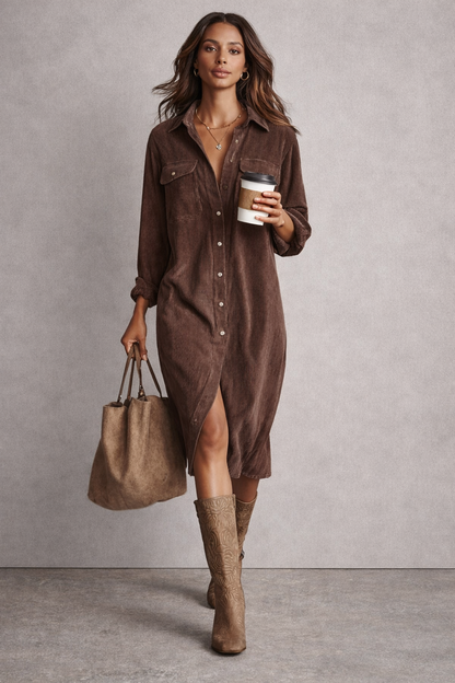 Velmora | Corduroy Double Chest Pocket Single Breasted Midi Dress